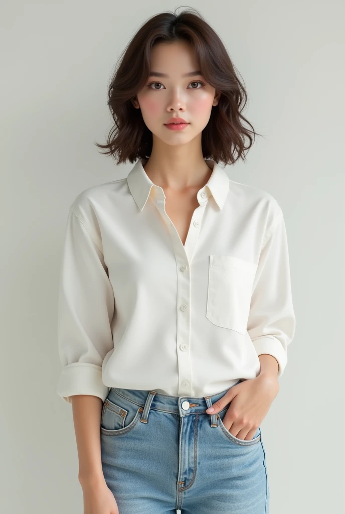 Realistic girl in light blue jeans and white shirts full body pose 