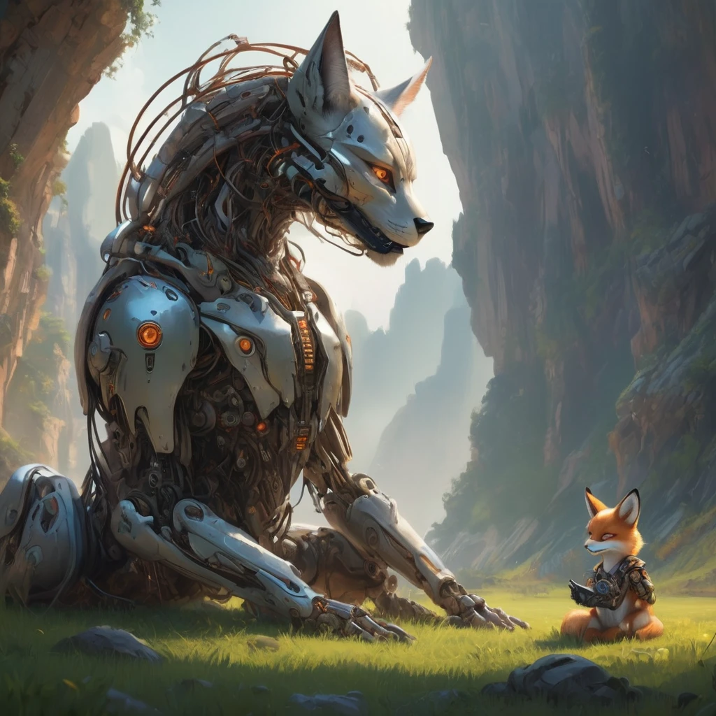 cybernetic robot . android, AI, machine, metal, wires, tech, futuristic, highly detailed, sunrise animal (Encountering mythical beasts) (Amongst manticores and chimeras) , score_9, score_8_up, score_7_up, score_6_up, score_5_up, score_4_up, adorable, beautiful adorable fox, sitting on grass, beautiful landscape, futuristic, hyper detailed, jagged rocks and cliffs, big structures, wires, dark and gloomy