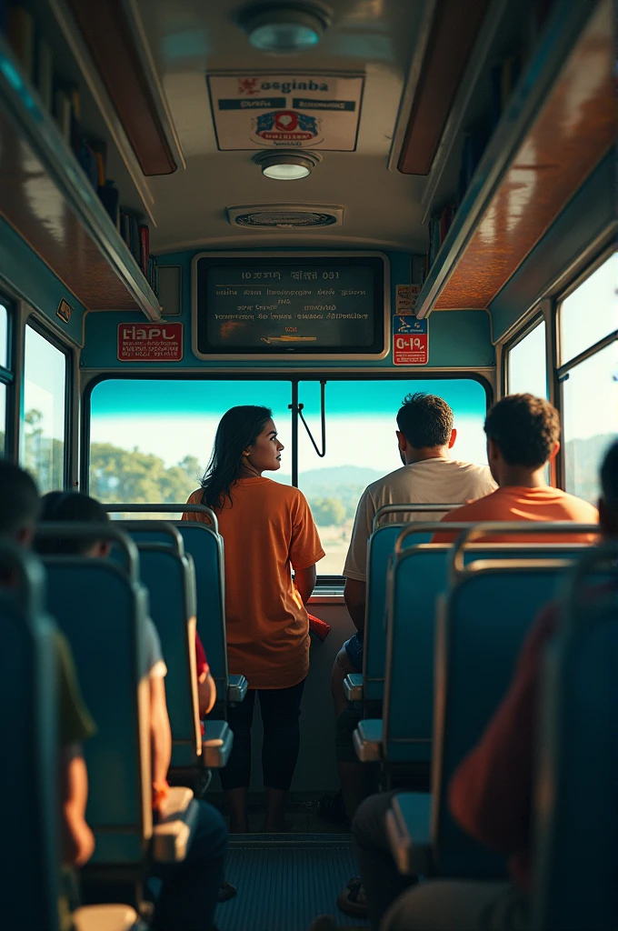 There is a bus root named displaied "badulla 99 colombo". Couple is in to the bus.