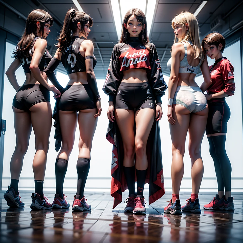 ExtremelyDetailed (((Athletes Team Girls in a row:1.4))), Childish perfect face, Reflective Eyes, Detailed(Delicate Clothing textures), Corrected Leg to Foot Line, Corrected Perfect Hand, Dynamic Joyful Expressions LifeLike Rendering, ((Specular Reflection:1.28)), TopQuality 8K Ultra-detailed masterpiece (ProfessionalPhoto:1.37)(Acutance:0.8),(Luminism:1.22), ((Changing Clothes Exposed Underwear))