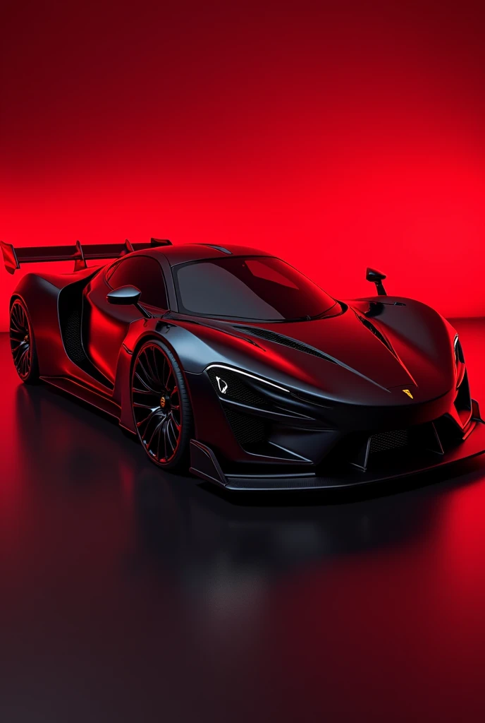 The image features a modern sports car that exhibits a sleek and aerodynamic design. The vehicle is painted in a glossy black color, with red accents highlighting its contours and the edges of the wheels. The car's body is low and wide, indicative of a design optimized for high-speed stability and agility. The front end of the car is not visible in this image, focusing instead on the side profile which showcases the car's muscular fenders and the pronounced air intakes on the side panels. The rear wing spoiler suggests a focus on performance and downforce at high speeds. The ambient lighting casts a dramatic red glow around the car, enhancing its aggressive stance and the luxurious, high-tech feel of its design. There are no discernible background elements other than the red-hued light that envelops the car, directing all attention to the vehicle itself, retina, accurate, masterpiece, super detail, high details, best quality, award winning, highres, HD, 4K, 8k, 16k, retina, accurate, masterpiece, anatomically correct, textured skin, super detail, high quality, award winning, highres, 8k, 16k