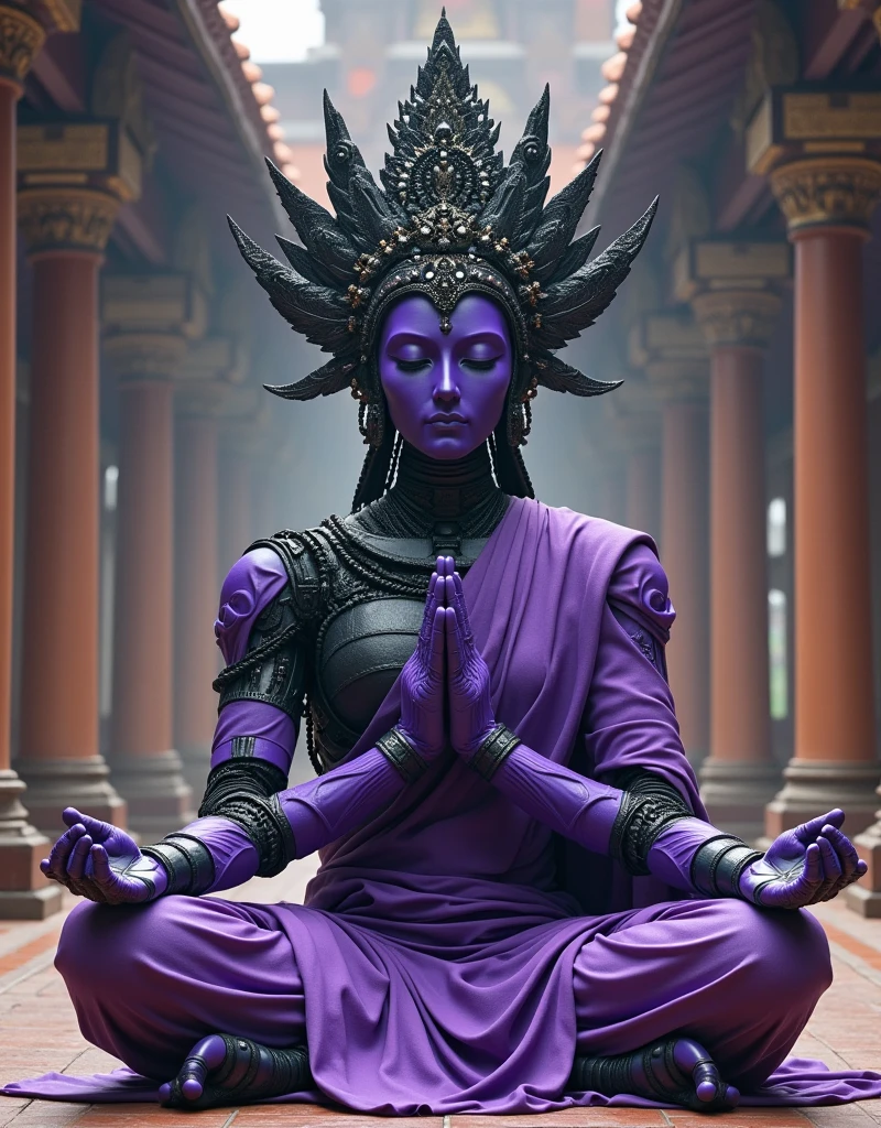 A purple cyberpunk robot monk with multiple hands, meditating, making yoga or meditation poses, wearing an ornate headdress made of black metal parts, temple background, hyper-realistic oil painting, cinematic lighting