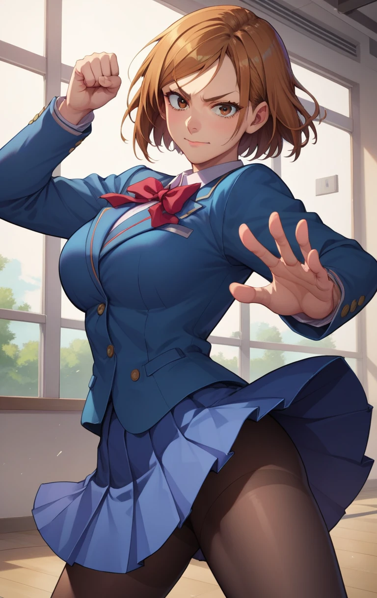 Sexy legs, short hair, bangs, skirt, brown hair, long sleeves, brown eyes, closed mouth, school uniform, blue jacket, cowboy shot, Best quality, super detailed, best resolution, detailed art, HD, movie quality, score_9, score_8_up, score_7_up, score_9, source_anime, kugisaki Nobara, Big breasts, looking at viewer, bangs, skirt, large breasts, long sleeves,kugisaki Nobara face, Excited face, Pantyhose, kick  , Kicking At Viewer POV, kicking at viewer