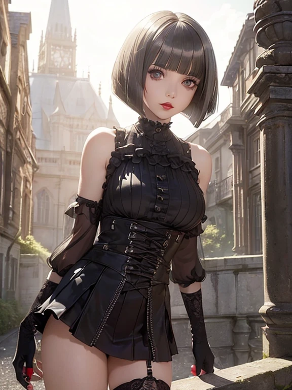 (((Top Quality: 1.4))),(Unparalleled Masterpiece), (Ultra High Definition),(Ultra-Realistic 8k CG),art by Luis Royo, 23-year-old gothic punk girl, detailed cute face, white hair, gothic punk fashion, highly detailed gothic fashion, shot skirt, heavy make up,),(dark red lipstick), size, London mansion background, Backlight effect, lens flare, depth of fields, blurry backround,Detailedface,1 girl,  Detailed eyes, (bob cut hair:1.5), hair bangs,(thigh up shot image :1.5),