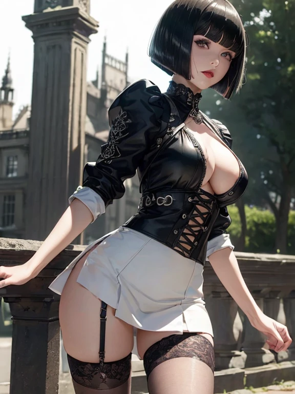 (((Top Quality: 1.4))),(Unparalleled Masterpiece), (Ultra High Definition),(Ultra-Realistic 8k CG),art by Luis Royo, 23-year-old gothic punk girl, detailed cute face, white hair, gothic punk fashion, highly detailed gothic fashion, shot skirt, heavy make up,),(dark red lipstick), size, London mansion background, Backlight effect, lens flare, depth of fields, blurry backround,Detailedface,1 girl, Detailed eyes, (bob cut hair:1.5), hair bangs,(thigh up shot image :1.5),