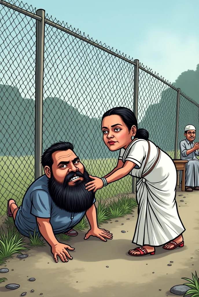 crawl into the boarder fencing ground a bangladeshi man with big beard infiltration indian boarder mamta benergee a woman wearing white saree she is chief minister of bangal share their hand the man and pulling into the Indian boarder funny cartoon character image mamta benergee women without beard provide same image last image good provide same a man with white cap
infiltration the bellow fencing