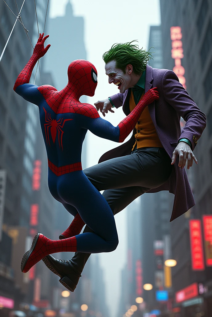 Spiderman and the Joker fighting 