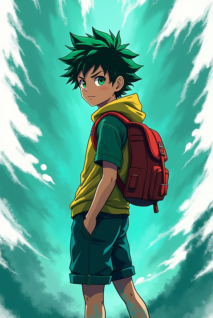 Izuku Midoriya . He's wearing a backpack and has a serious expression. The background is a teal and white stylized pattern, creating a dynamic visual.