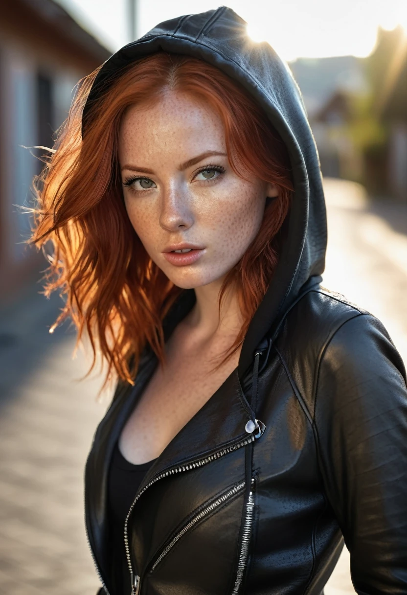 Super sexy redhead girl a photo of a seductive woman with loose styled (redhead hair:1.1), bored, she wearing a hoodie and black leather jacket and leggings, mascara, (textured skin, skin pores:1.1), (moles:0.8), imperfect skin, goosebumps, flawless face, (light freckles:0.9), (sun-kissed:1.1), ((photorealistic):1.1), (raw, 8k:1.3), Very very very sexy girl