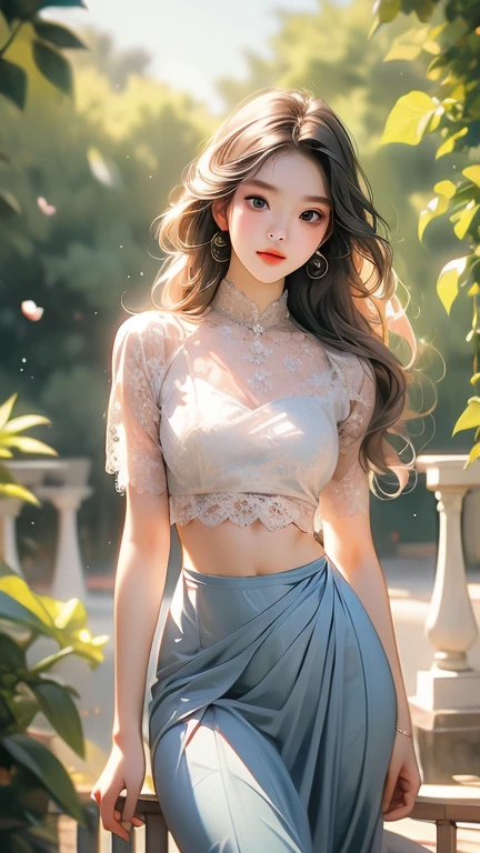 1 girl, solo, seductive look, sensual, elegance and charm, (masterpiece, best quality, high resolution:1.2), looking at the viewer, standing, (intricate and beautiful:1.2), (detailed light:1.2), (soft light , side light), (high resolution textures), outdoor, Burmese girl, wearing(( lace push up bra)), wearing acmm long skirt, pink acmm long skirt, printed skirt, garden with flowers background, sun light, ((feminine curves)), attractive.