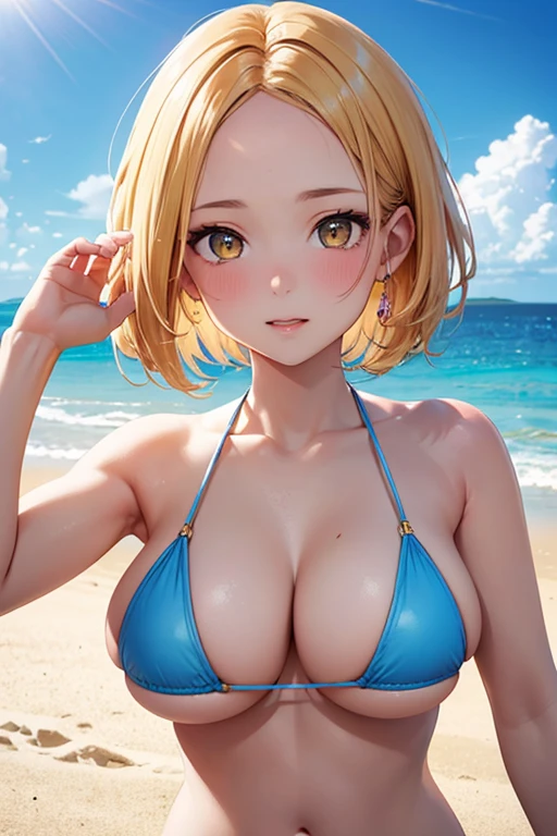 One Woman, Highest quality, masterpiece, Super Resolution, Large Breasts, Idol, Beauty, ((From the front 1.2)), Cleavage, 8k, High resolution eyes, High-resolution contours, ((Forehead visible 1.3)), Stylish, High-resolution pupils, blush,  High resolution face, High resolution breasts, Ultra HD, Open your mouth, Upper Body, High resolution mouth, Sexy body, ((Super cool face 1.5)), ((Hanging 1.6)), short hair, Broken bangs, Blonde, Yellow Eyes, model, Mature Woman, Adult women, Beautiful clavicle, High resolution hair, Mother, maternal, Micro Bikini, Underboob, Sideboob, Beach,  Married Woman, couple, super beautiful, 