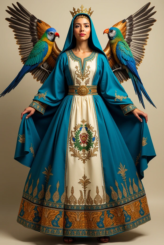 Create a design of a fantasy dress of Guatemala and its national symbols such as the nun, the quetzal, The flag of Guatemala, the marimba