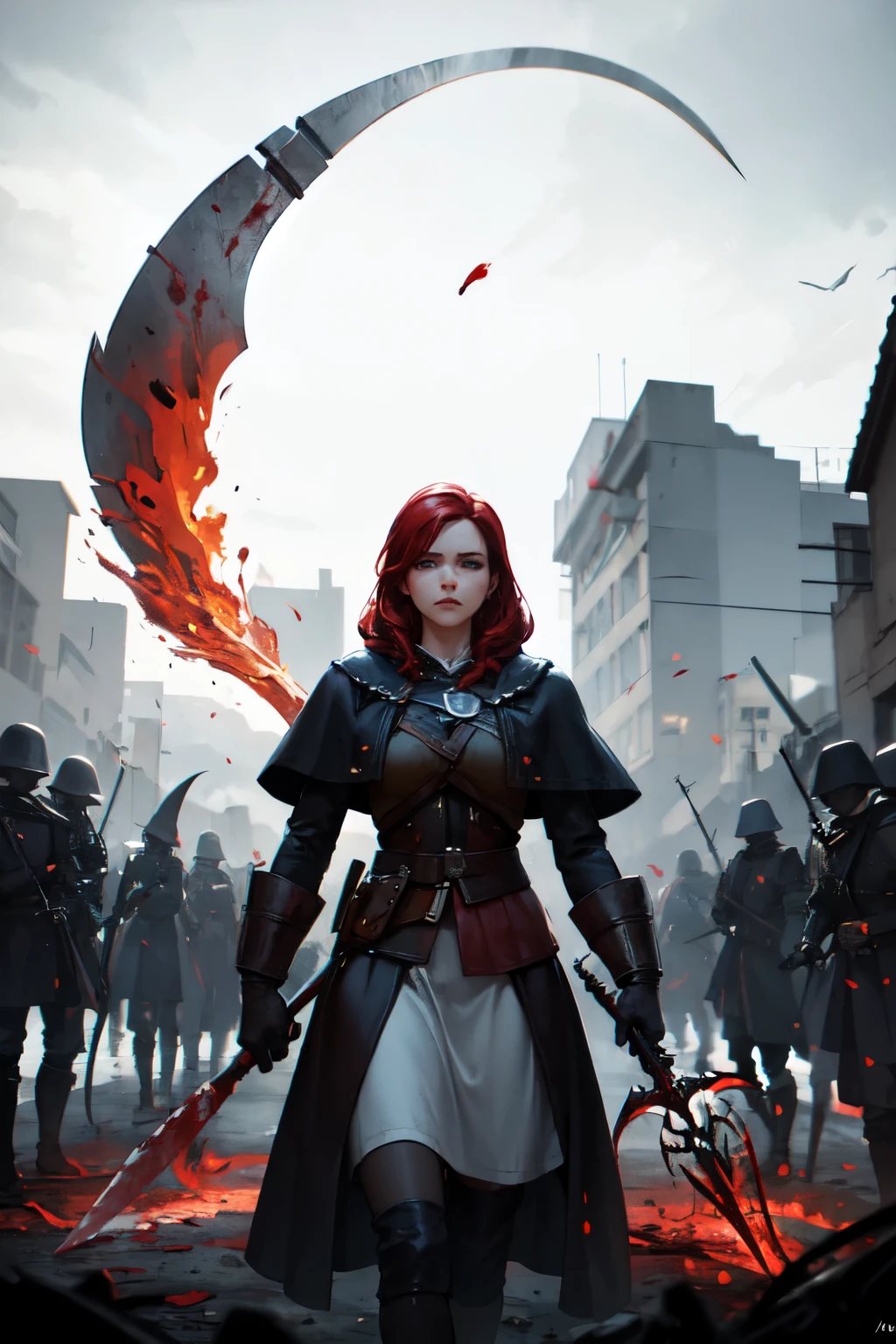 Triss from The Witcher, dressed in a dark robe with a hood with blood, in his hands is a scythe with a red flame, against the backdrop of a gloomy military landscape, In the background, soldiers are evacuating the wounded, an atmosphere of sadness and hopelessness, deep shadows, cool colors, a high resolution, detailed composition,