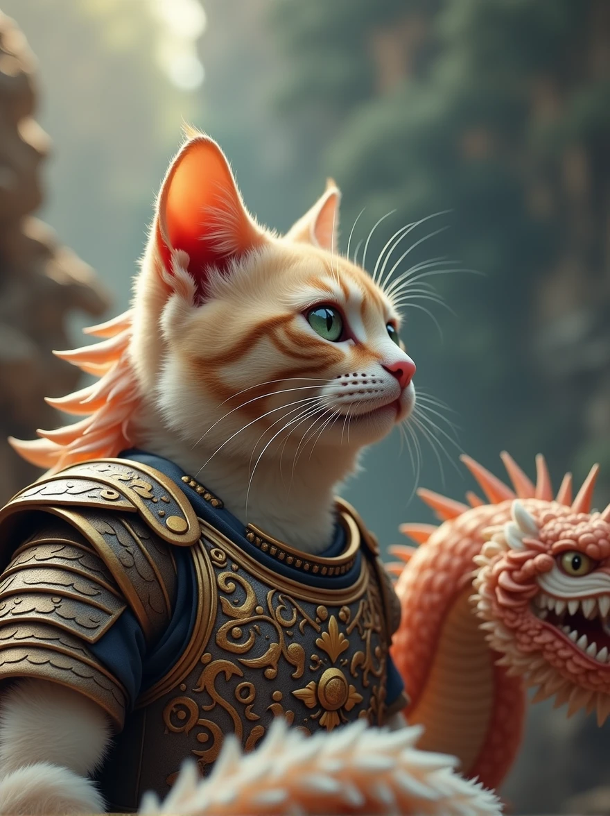 (masterpiece, best quality:1.2)，Cat wearing dragon armor，bust，portrait，A symbol of power，Top quality，HDR，Details of hair。