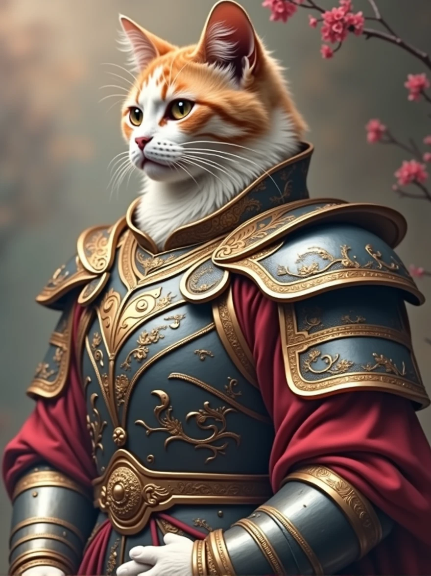 (masterpiece, best quality:1.2),Cat wearing dragon armor,bust,portrait,A symbol of power,Top quality,HDR,Details of hair。
