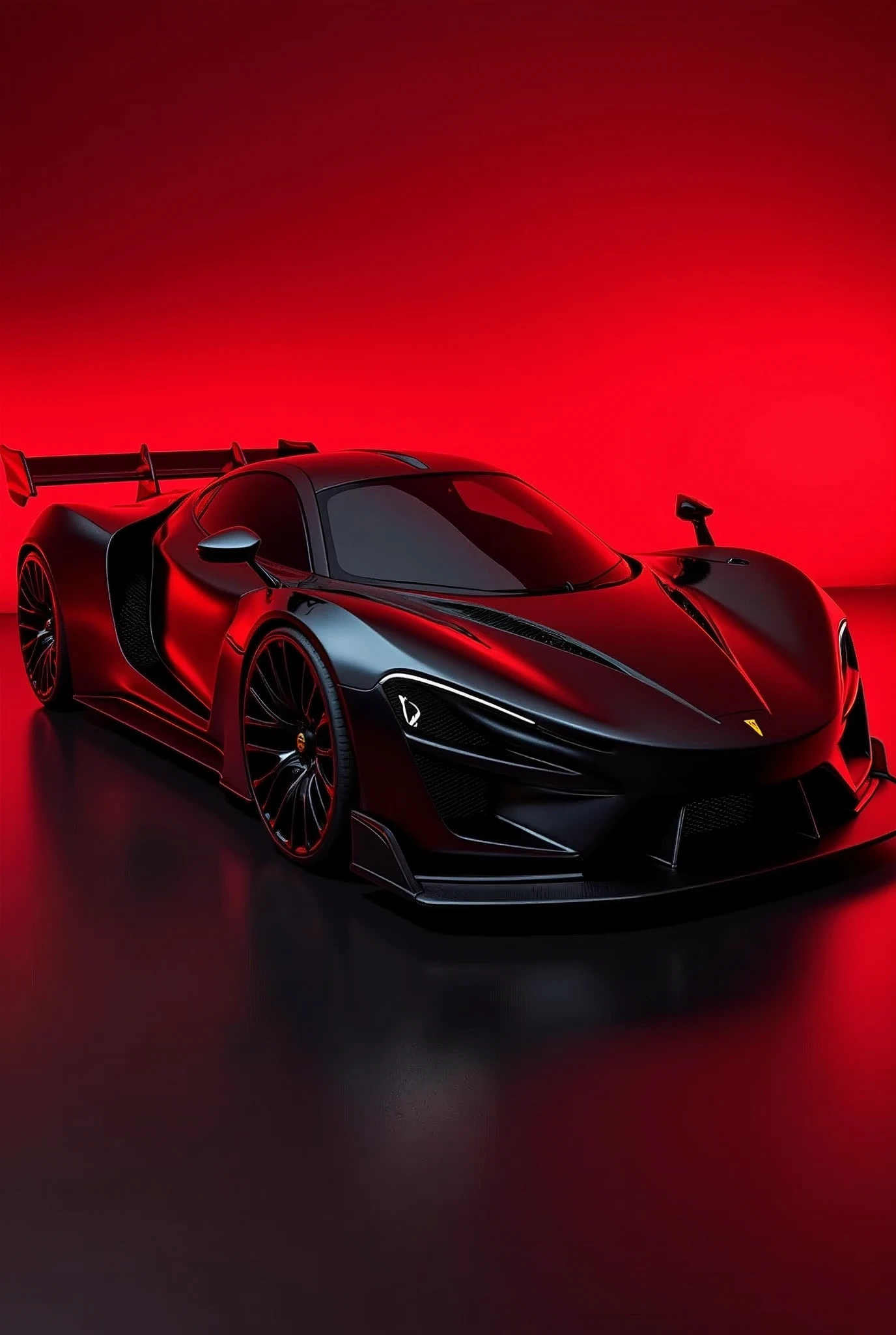 The image features a modern sports car that exhibits a sleek and aerodynamic design. The vehicle is painted in a glossy black color, with red accents highlighting its contours and the edges of the wheels. The car's body is low and wide, indicative of a design optimized for high-speed stability and agility. The front end of the car is not visible in this image, focusing instead on the side profile which showcases the car's muscular fenders and the pronounced air intakes on the side panels. The rear wing spoiler suggests a focus on performance and downforce at high speeds. The ambient lighting casts a dramatic red glow around the car, enhancing its aggressive stance and the luxurious, high-tech feel of its design. There are no discernible background elements other than the red-hued light that envelops the car, directing all attention to the vehicle itself, retina, accurate, masterpiece, super detail, high details, best quality, award winning, highres, HD, 4K, 8k, 16k, retina, accurate, masterpiece, anatomically correct, textured skin, super detail, high quality, award winning, highres, 8k, 16k
