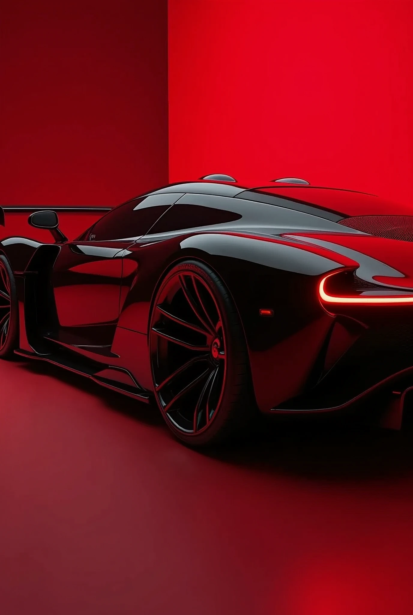 The image features a modern sports car that exhibits a sleek and aerodynamic design. The vehicle is painted in a glossy black color, with red accents highlighting its contours and the edges of the wheels. The car's body is low and wide, indicative of a design optimized for high-speed stability and agility. The front end of the car is not visible in this image, focusing instead on the side profile which showcases the car's muscular fenders and the pronounced air intakes on the side panels. The rear wing spoiler suggests a focus on performance and downforce at high speeds. The ambient lighting casts a dramatic red glow around the car, enhancing its aggressive stance and the luxurious, high-tech feel of its design. There are no discernible background elements other than the red-hued light that envelops the car, directing all attention to the vehicle itself, retina, accurate, masterpiece, super detail, high details, best quality, award winning, highres, HD, 4K, 8k, 16k, retina, accurate, masterpiece, anatomically correct, textured skin, super detail, high quality, award winning, highres, 8k, 16k