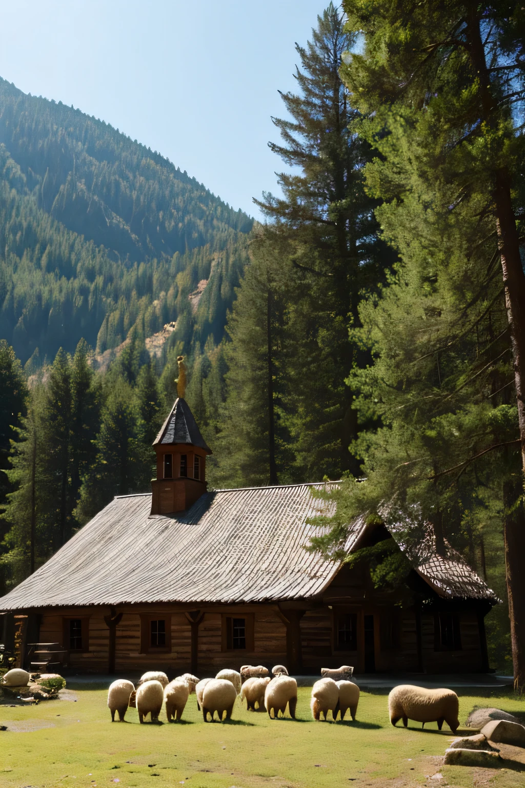 Old-fashioned monastery in the forest with sheep