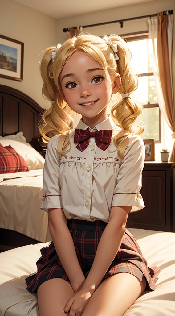 (masterpiece, best quality),1girl smiling with Blonde curly hair twin tails sitting in a bed of her bedroom in front of her bedroom, blurry foreground, plaid short skirt, a white blouse with a loose bow tie, 10 yo, flat chest, very young, cute child