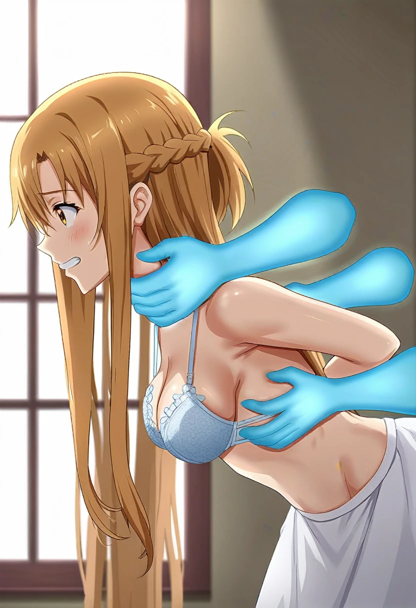 score_9, score_8_up, source_anime, style of anime screencap, viewed from side BREAK bent over, arms pulled behind back, a girl being molested by grabby ghost hands, 1girl, asuna \(sword art online series\), skindentation, wearing frilled wedding lingerie BREAK transparent grabby ghost hands, ghost hands under bra, ghost hands grabbing arms, ghost hands strangling neck