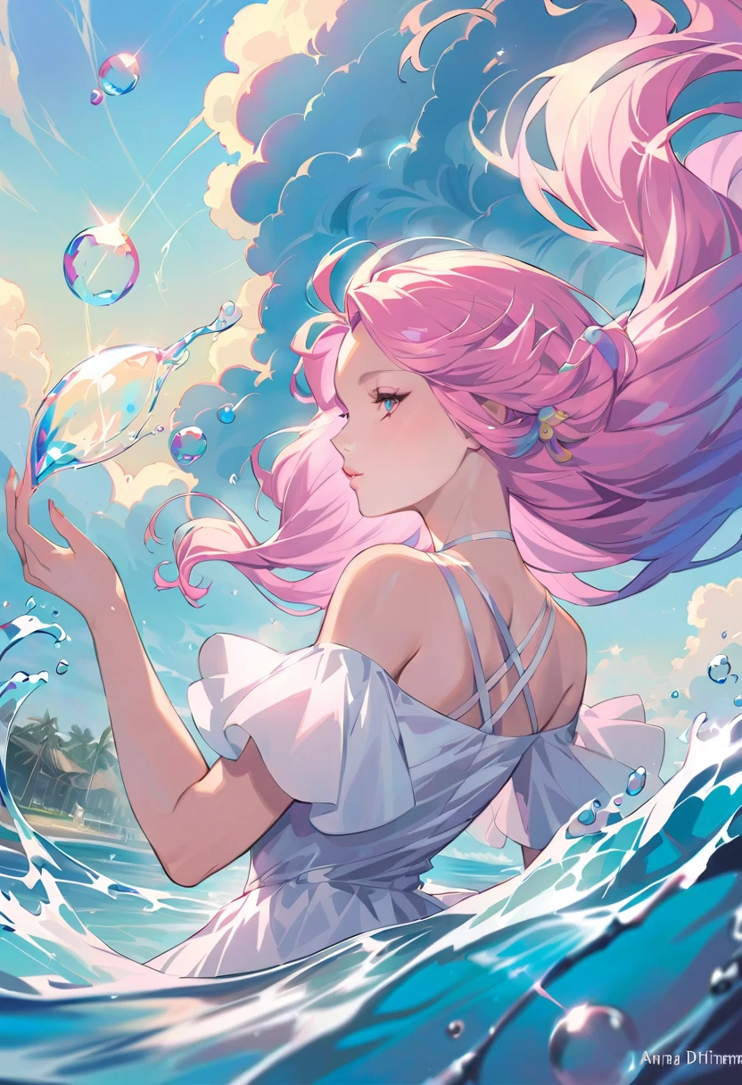 A painting，The painting shows a woman in a dress blowing bubbles, Loish and WLOP, ethereal bubbles, Mobis + Loish + WLOP, Dreamy and detailed, intricate WLOP, closeup fantasy with water magic, fairytale artwork, fairytale painting, Anna Dittmann (Anna Dittmann) style, WLOP art, Realistic fantasy, Artgerm Julie Bell Beeple