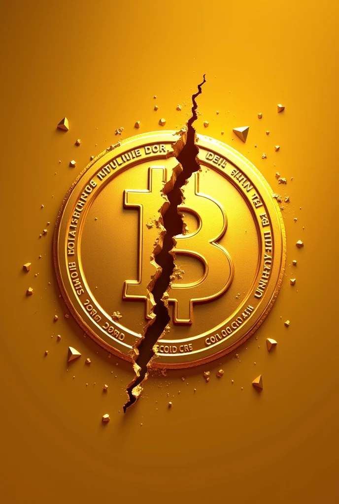 Create two versions of a Bitcoin symbol for the game 'Bitcoin Crush' using a vibrant gold color theme. The first version should be a complete, pristine Bitcoin symbol with the classic 'B' logo in the center. The symbol should have a polished, slightly glossy finish, reflecting light to emphasize its golden color.
The second version should be the same Bitcoin symbol but cracked down the center, as if it has been split in half. The crack should be jagged and irregular, with small fragments or debris subtly breaking off to enhance the effect of a 'crushed' Bitcoin. Both halves should maintain their golden color but may have slightly rougher edges or a less polished look to reflect the damage.
Keep the design consistent between both versions, using the same gold tones and glossiness, so they clearly relate to each other. The cracked Bitcoin should evoke a sense of impact, but without losing the recognizability of the original symbol.