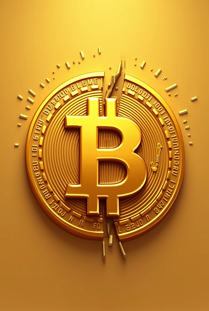 Create two versions of a Bitcoin symbol for the game 'Bitcoin Crush' using a vibrant gold color theme. The first version should be a complete, pristine Bitcoin symbol with the classic 'B' logo in the center. The symbol should have a polished, slightly glossy finish, reflecting light to emphasize its golden color.

The second version should be the same Bitcoin symbol but cracked down the center, as if it has been split in half. The crack should be jagged and irregular, with small fragments or debris subtly breaking off to enhance the effect of a 'crushed' Bitcoin. Both halves should maintain their golden color but may have slightly rougher edges or a less polished look to reflect the damage.

Keep the design consistent between both versions, using the same gold tones and glossiness, so they clearly relate to each other. The cracked Bitcoin should evoke a sense of impact, but without losing the recognizability of the original symbol.