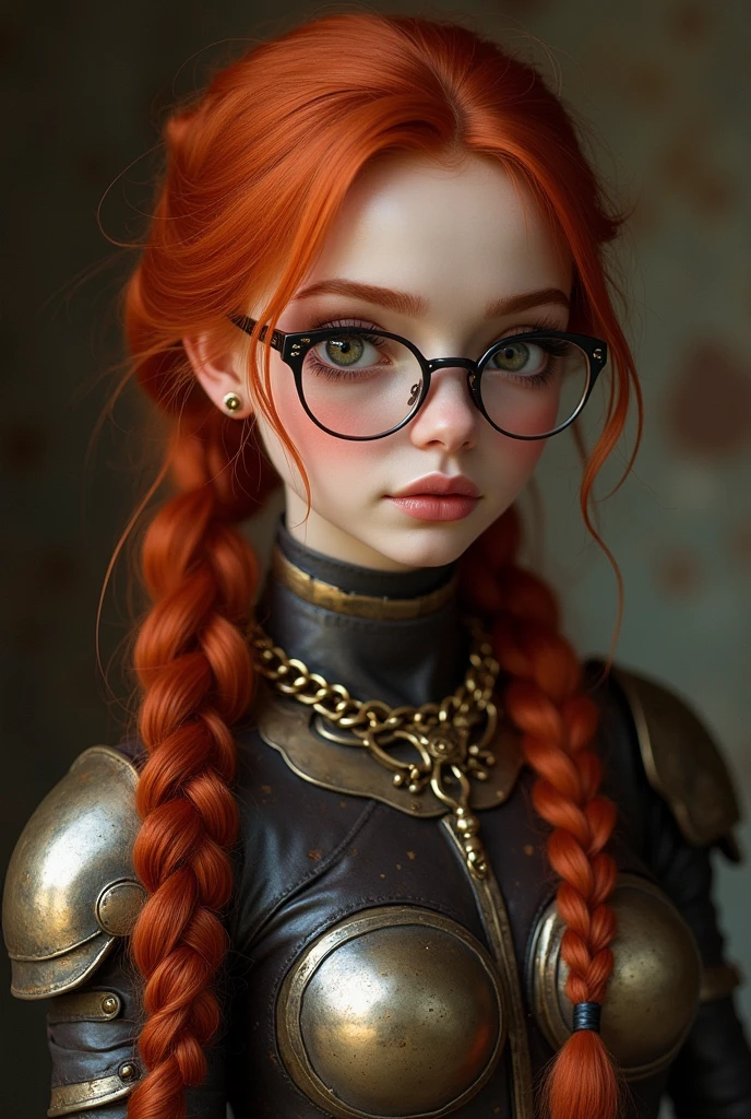Penny pax redhead long hair braids ponytail glasses blushing dark eyes mascara eyeshadow collar jewellery chains armour