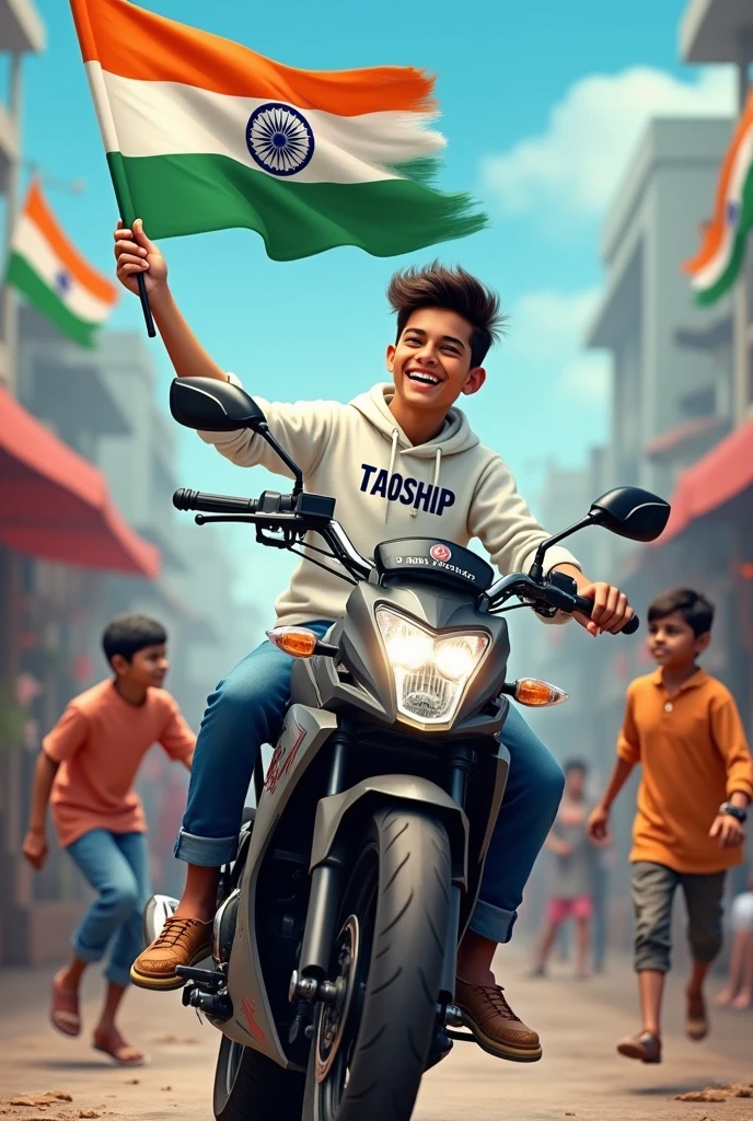 PROMPT :- realistic Indian 15 year old boy sitting r15 bike Holding Indian flag and celebrating India festival happy independence day with background of blue sky in Indian Street and boy wearing white hoodie with name”Taoship ’ style hair on it by the way childrens are holding Indian flag playinga round, some children also playing, and someuncles drinking tea at a shop. also a text written “Happy independence day”at top, 3D art painting real photowith high resolution.”