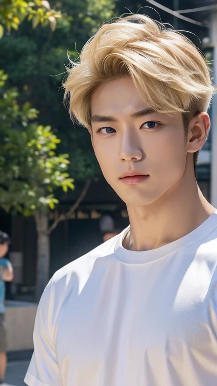 1 male, Korean, Host wind, Blonde, White T-shirt, Muscular, face, Realistic, photograph, real photograph, Street