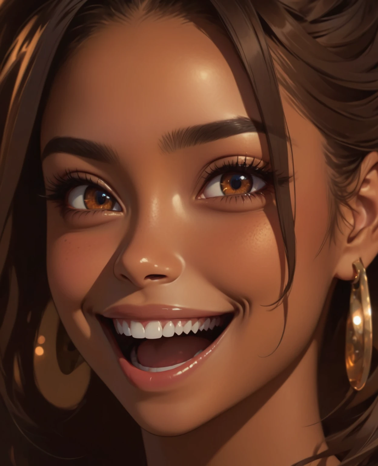 beautiful illustration, ultra-detailed, masterpiece, brown skin woman, crazy smile, teeth