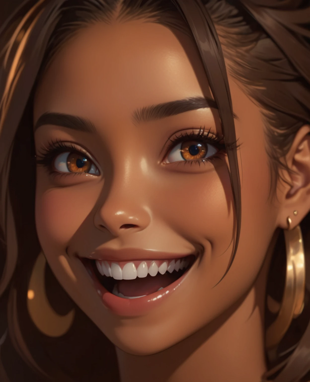 beautiful illustration, ultra-detailed, masterpiece, brown skin woman, crazy smile, teeth