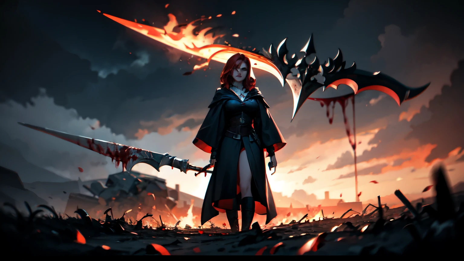 Triss from The Witcher, dressed in a dark robe with a hood with blood, in his hands is a scythe with a red flame, against the backdrop of a gloomy military landscape, an atmosphere of sadness and hopelessness, deep shadows, cool colors, a high resolution, detailed composition, 