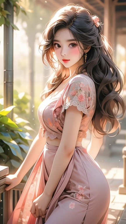 1 girl, solo, seductive look, sensual, elegance and charm, (masterpiece, best quality, high resolution:1.2), looking at the viewer, standing, (intricate and beautiful:1.2), (detailed light:1.2), (soft light , side light), (high resolution textures), outdoor, Burmese girl, wearing(( lace push up bra)), wearing acmm long skirt, pink acmm long skirt, printed skirt, garden with flowers background, sun light, ((feminine curves)), attractive.