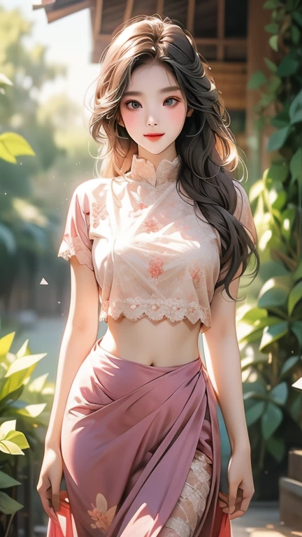 1 girl, solo, seductive look, sensual, elegance and charm, (masterpiece, best quality, high resolution:1.2), looking at the viewer, standing, (intricate and beautiful:1.2), (detailed light:1.2), (soft light , side light), (high resolution textures), outdoor, Burmese girl, wearing(( lace push up bra)), wearing acmm long skirt, pink acmm long skirt, printed skirt, garden with flowers background, sun light, ((feminine curves)), attractive.