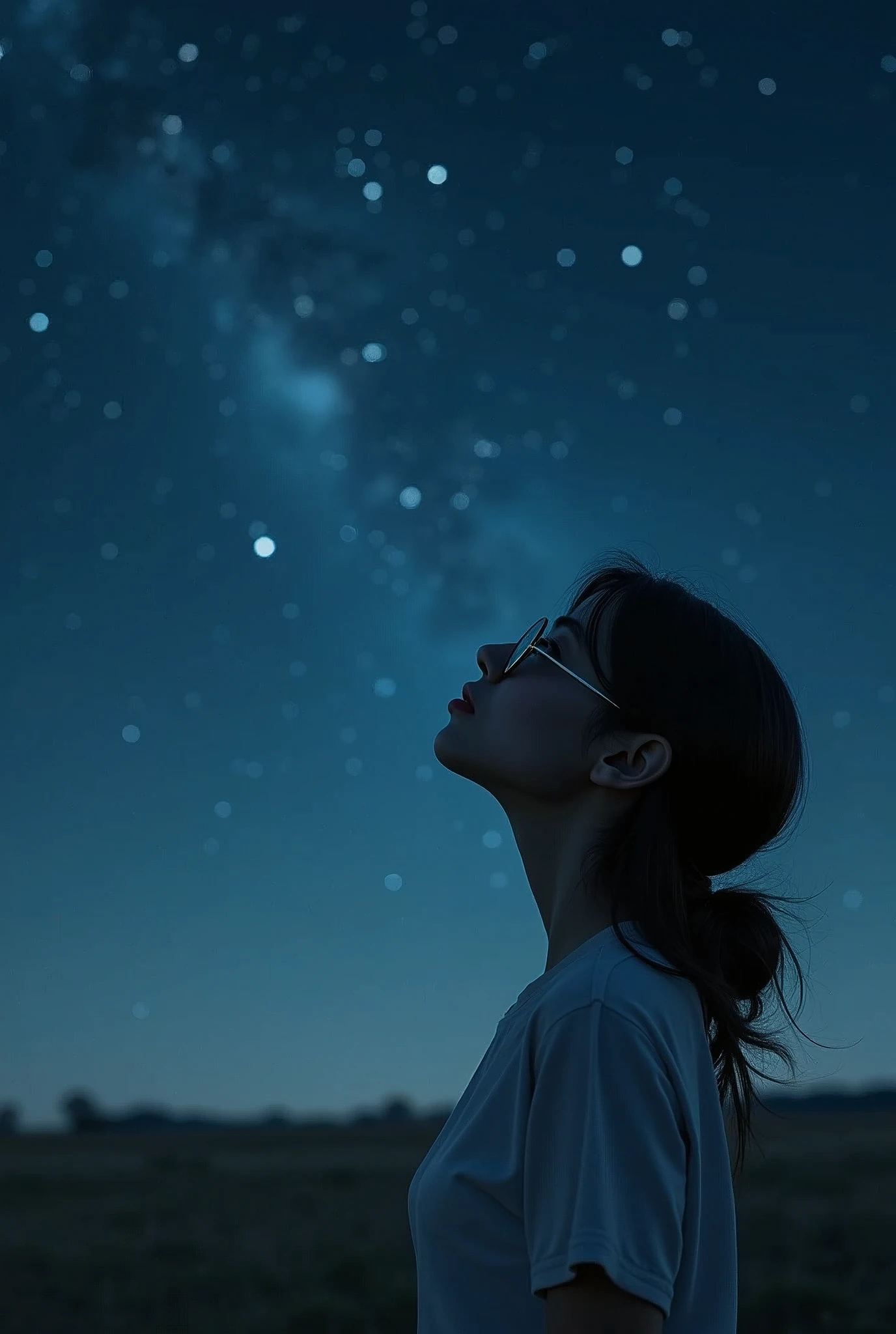 [Core Concept]
A young woman gazes up at the vast, starry night sky, her eyes concealed behind a pair of stylish sunglasses.

[Character Description]
The girl is depicted as a youthful, elegant figure, her features softened by the dim, ethereal lighting of the night. Her expression is one of wonder and contemplation as she takes in the grandeur of the cosmos above.

[Environment/Background]
The scene is set against a serene, nocturnal landscape, with the girl situated in an open, tranquil outdoor setting, perhaps a grassy field or a secluded hilltop, allowing for an unobstructed view of the celestial expanse.

[Style and Atmosphere]
The overall atmosphere is one of serenity and introspection, with a dreamlike, almost surreal quality to the scene, enhanced by the use of muted, moody tones and a sense of timelessness.

[Composition]
The composition places the girl at the center of the frame, her upturned gaze drawing the viewer's attention towards the captivating night sky, creating a sense of scale and wonder.

[Details and Embellishments]
Subtle details, such as the gentle breeze rustling the girl's hair or the faint glow of distant stars, add depth and realism to the scene, further immersing the viewer in the tranquil, contemplative moment.

[Technical Specifications]
The image is rendered with a high level of detail and precision, utilizing a combination of photorealistic and stylized elements to create a visually striking and emotionally evocative representation of the scene.