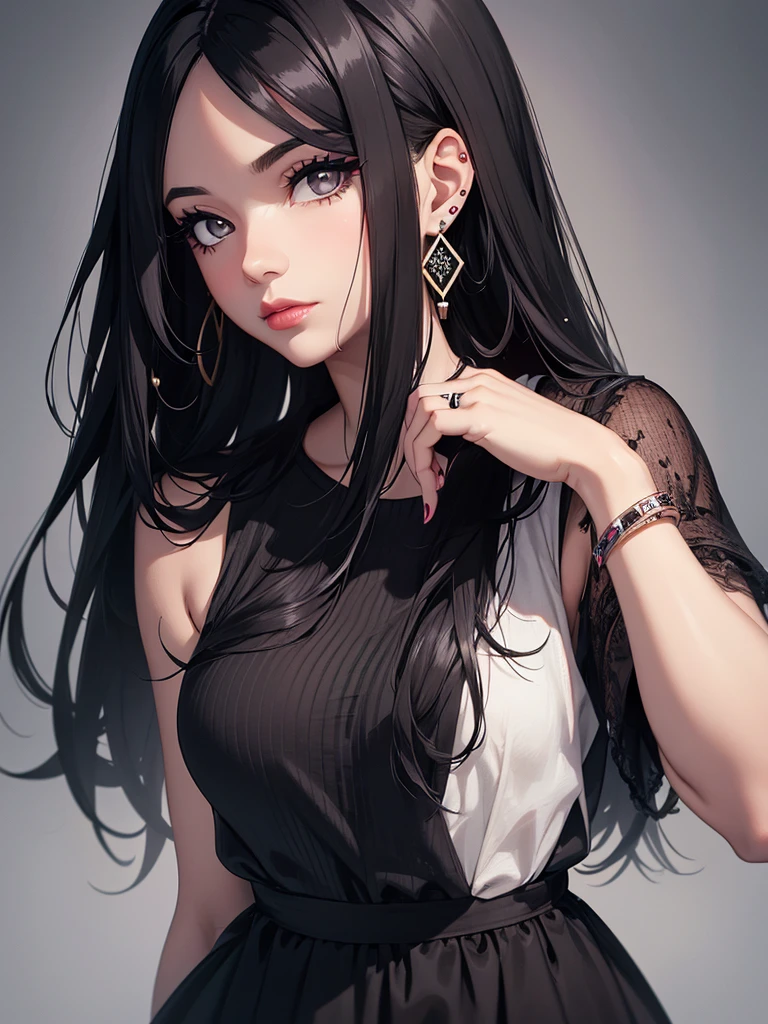1girl, solo, long hair, looking at viewer, black hair, jewelry, earrings, nail polish, black eyes, dated, lips, makeup, ring, lipstick, portrait