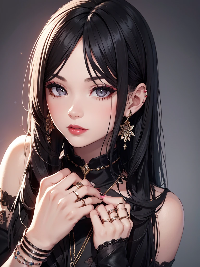 1girl, solo, long hair, looking at viewer, black hair, jewelry, earrings, nail polish, black eyes, dated, lips, makeup, ring, lipstick, portrait