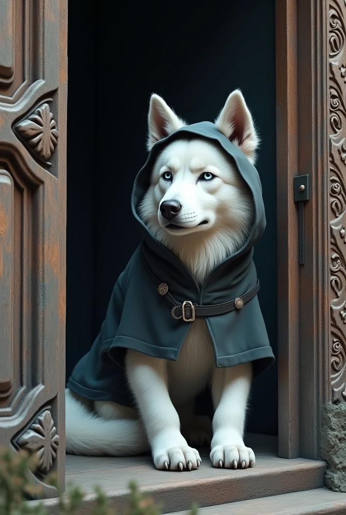 Un husky blanc avec une cagoule sur la tête assis à côté d'une porte 