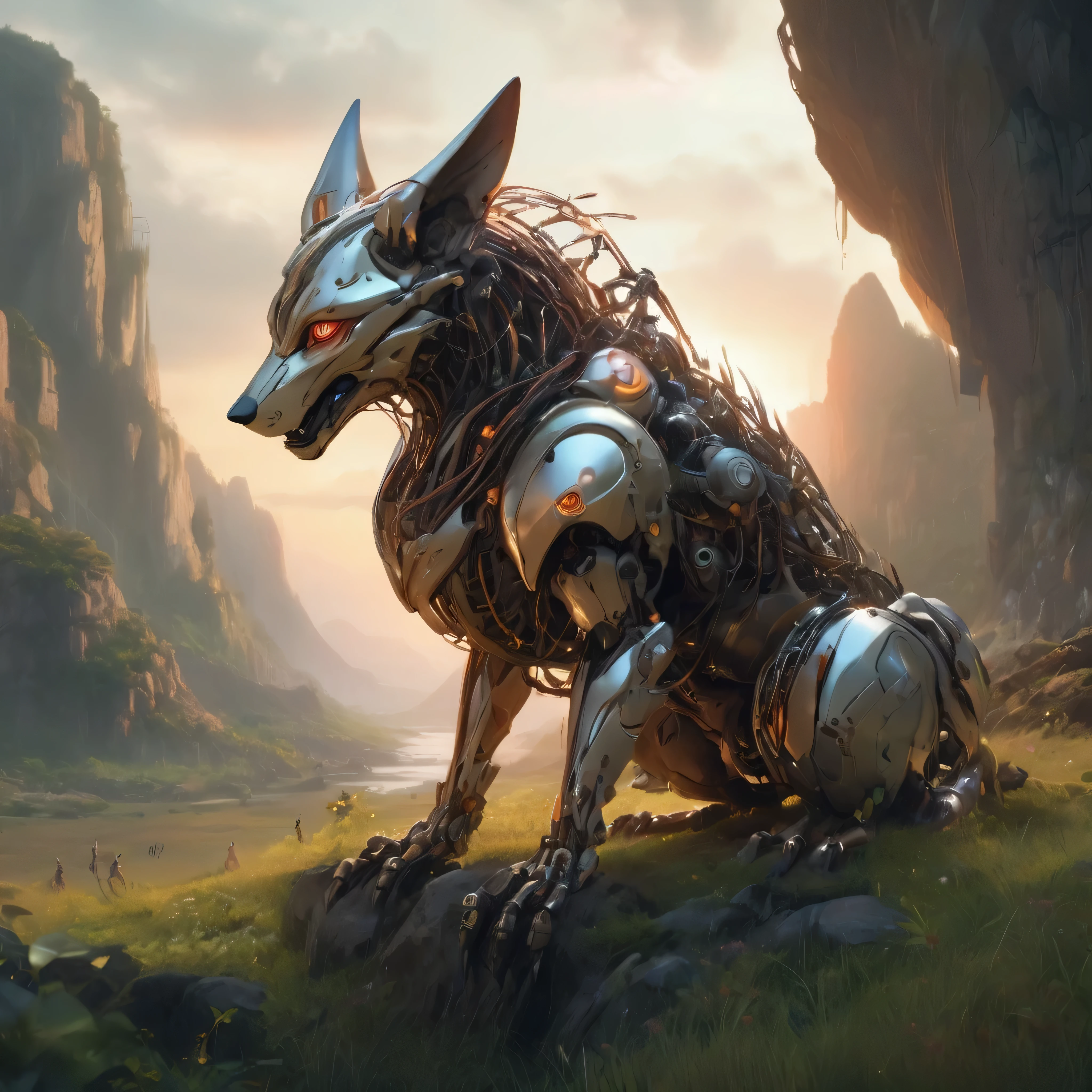 cybernetic robot . android, AI, machine, metal, wires, tech, futuristic, highly detailed, sunrise animal (Encountering mythical beasts) (Amongst manticores and chimeras) , score_9, score_8_up, score_7_up, score_6_up, score_5_up, score_4_up, adorable, beautiful adorable fox, sitting on grass, beautiful landscape, futuristic, hyper detailed, jagged rocks and cliffs, big structures, wires, dark and gloomy
