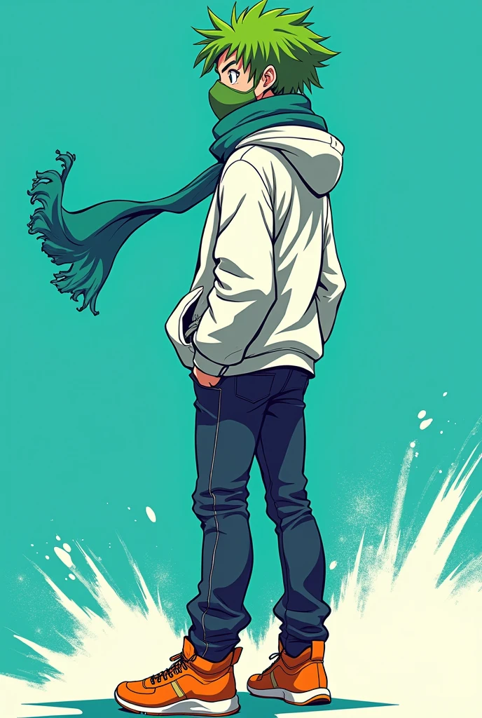 A young man with green hair and an athletic build stands with his back turned to the viewer, facing right, wearing a hooded white jacket and a green scarf with a bright blue lining. He also wears dark pants and orange sneakers. His scarf is pulled up over the lower portion of his face, and he is wearing a green mask with a blue edge. The image is done in a vector style, with sharp lines and vibrant colors. The background is a teal-blue color, with white splashes creating a sense of motion.