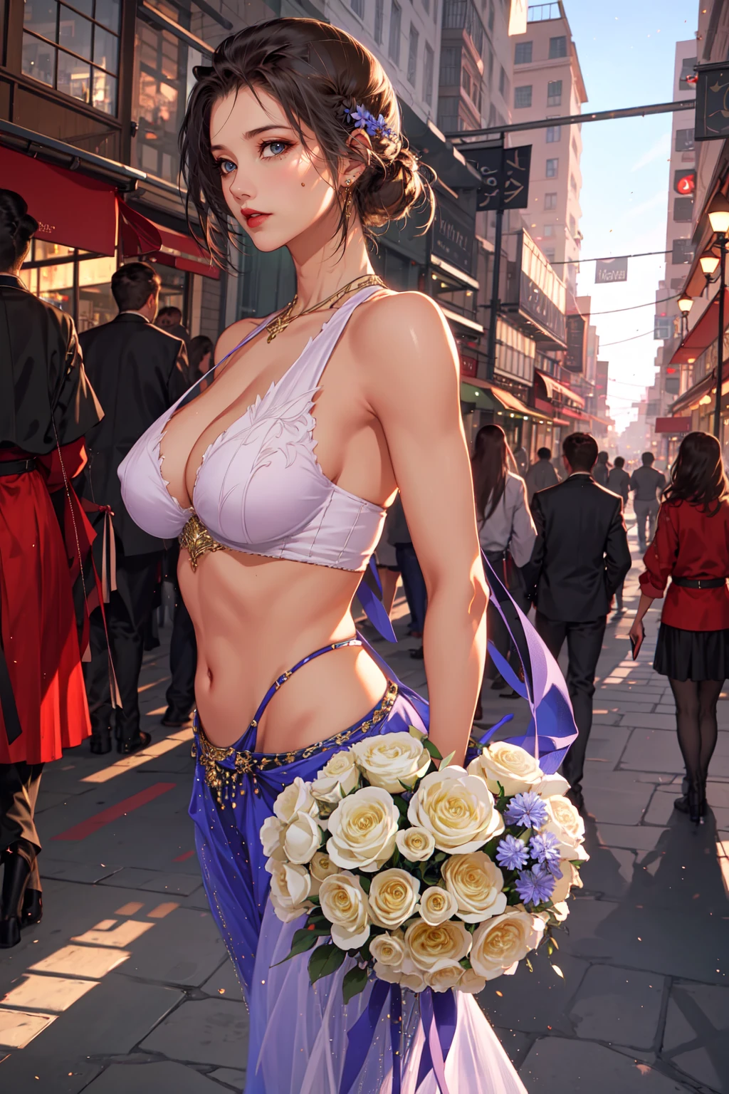 ((best quality, 8K, masterpiece :1.3)), Clear focus :1.2, Perfect body beauty: 1.4, Slim abdominal muscles: 1.2, ((Dark brown hair, Large Breasts: 1.2)), (Natural light, City Streets: 1.1 ), Highly detailed face and skin texture, Delicate eyes, Double eyelids, (((Dynamic Angle)))