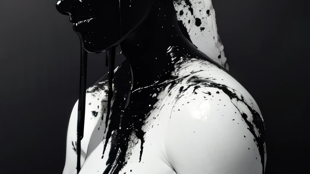 bs, solo, simple background, monochrome, upper body, greyscale, bodysuit, black background, 1other, monster, arms at sides, horror (theme), 
