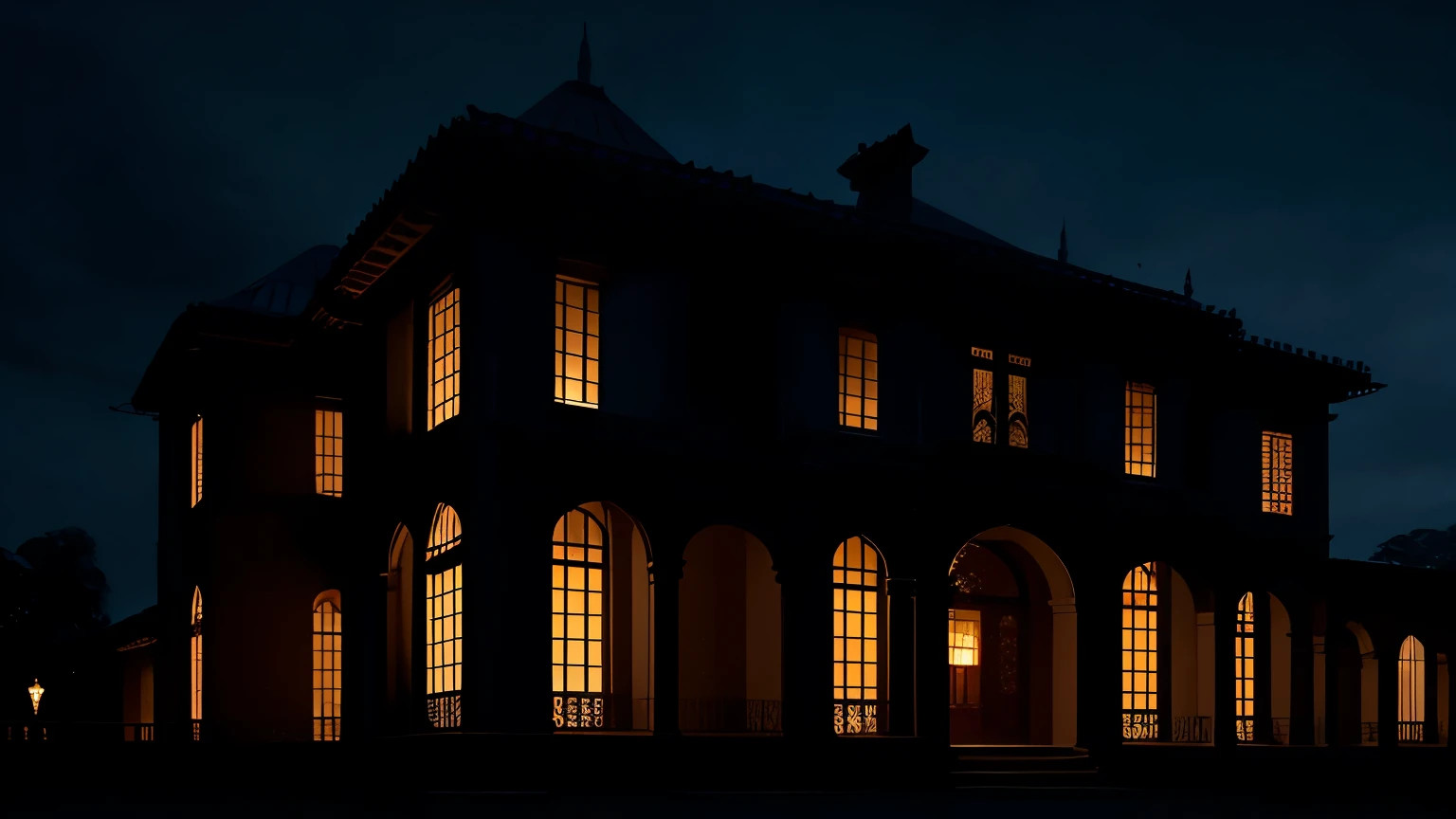 In the Shadow of Glory:
"Luxurious mansion exterior at dusk, large windows, one window lit with silhouette of lone figure, contrast between opulence and solitude, moody atmosphere"