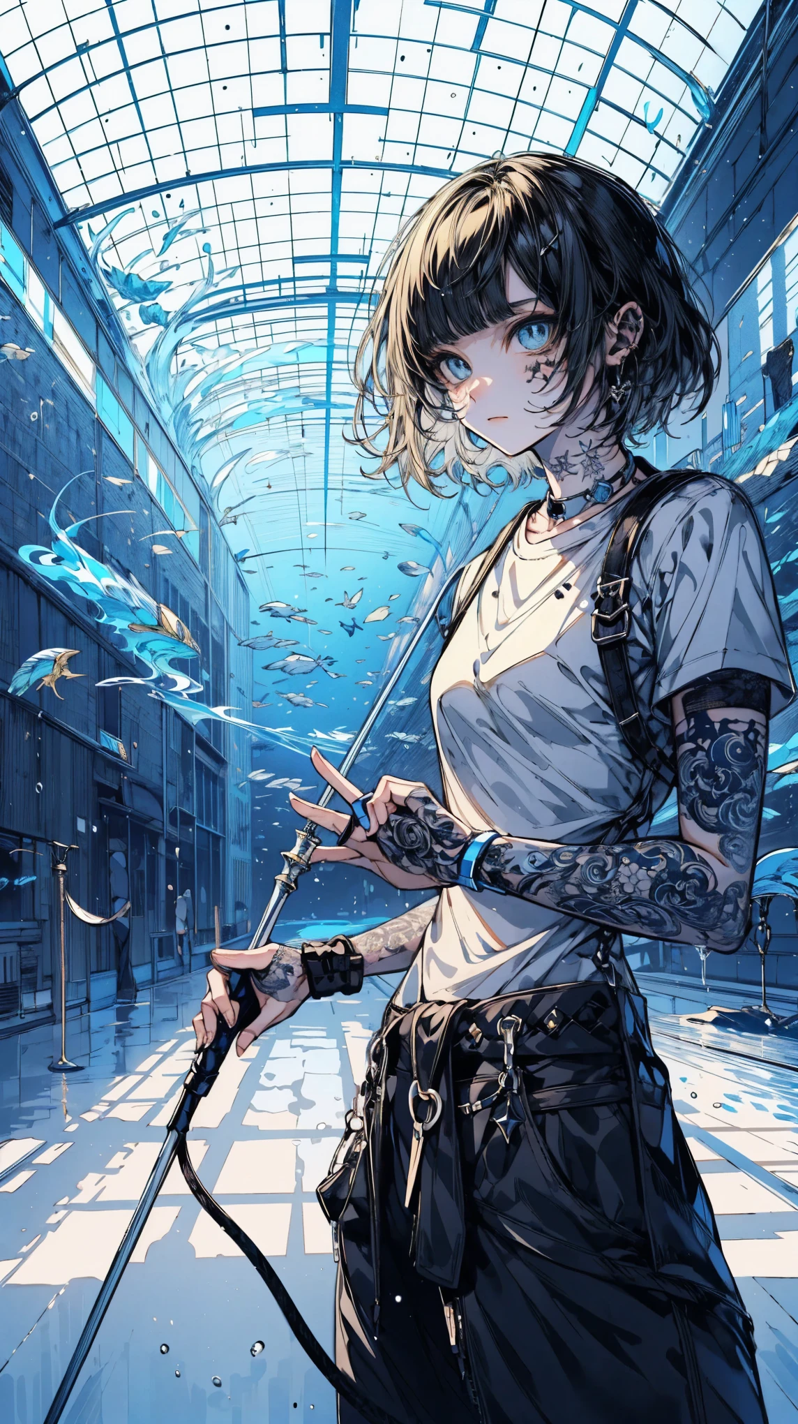 (high quality), (masterpiece), (detailed), 8K, (Avant-garde gallery1.2), (teenage girl1.2) grips (gleaming rapier1.3). (Colossal aquarium1.3) filled with (ethereal beings1.2). (Palpable control1.2) as (rapier light1.2) reflects on (swaying water1.3).
 (high quality), (masterpiece), (detailed), 8K, Anime style character with (cool and edgy tattoos1.3), dressed in (fashionable clothing1.2), posing confidently. Expression fierce, stylish accessory coiled around arm. Thicker outlines emphasize striking, modern fashion, vibrant palette enhances scene.