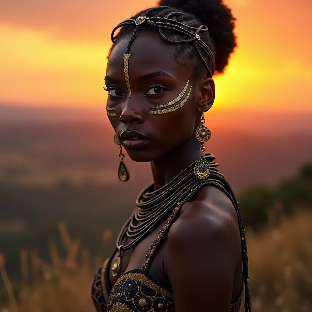 , stunning african princess, afrofuturism style, african princess, black african princess, afrofuturism, african queen, stunning portrait, 8k artistic portrait photography, afrofuturistic, anthropological photography, afrofuturist, futuristic himba age girl, beautiful portrait, beautiful futuristic himba woman, tribal makeup, fierce eyes, background is sunset on top of a hill
