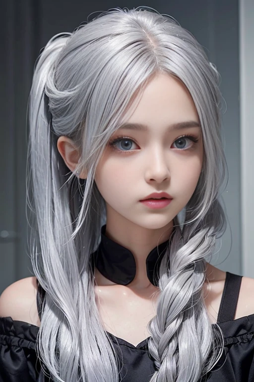 cute、woman、A hairstyle with all hair swept back、Odd Eye、Silver hair back、male、Her hair is shoulder-length、Odd Eye、male&#39;Left eye is red、male right eye blue、Increase the wide angle、Clear Eyes、White and blue magic costume、mini skirt、