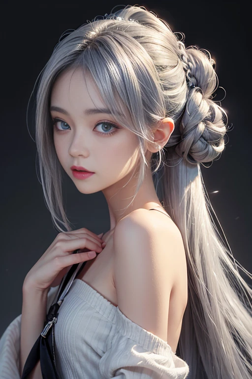 cute、woman、A hairstyle with all hair swept back、Odd Eye、Silver hair back、male、Her hair is shoulder-length、Odd Eye、male'Left eye is red、male right eye blue、Increase the wide angle、Clear Eyes、White and blue magic costume、mini skirt、