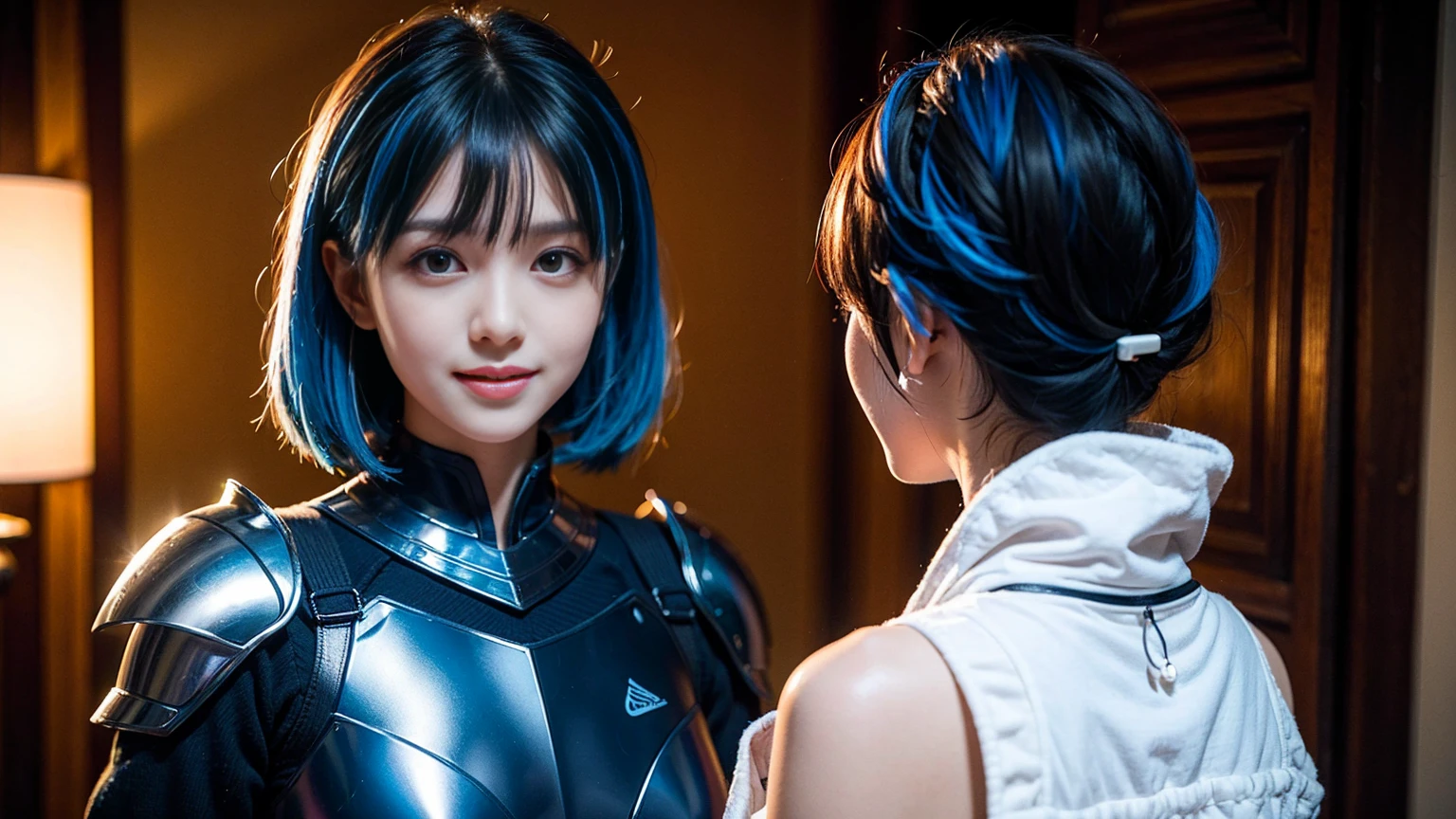 masterpiece, Highest quality, Gwendolyn_Tennyson, Orange short hair, Side-swept bangs, Blue hair clip, Laughter, Blue body armor