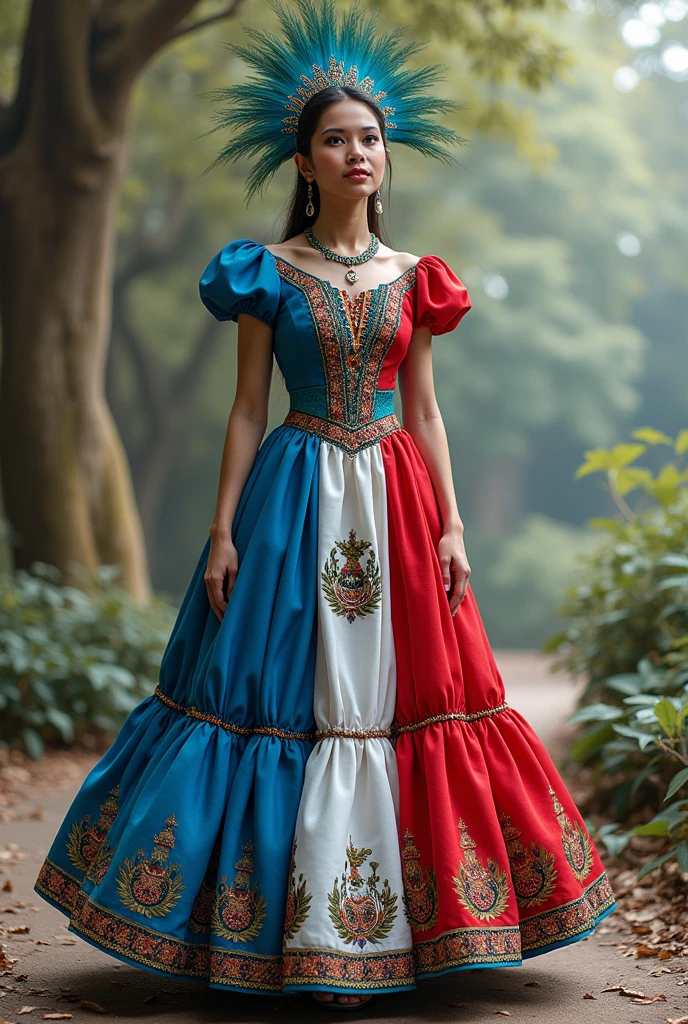 Create a design of a fantasy dress of Guatemala and its national symbols, the quetzal and the flag